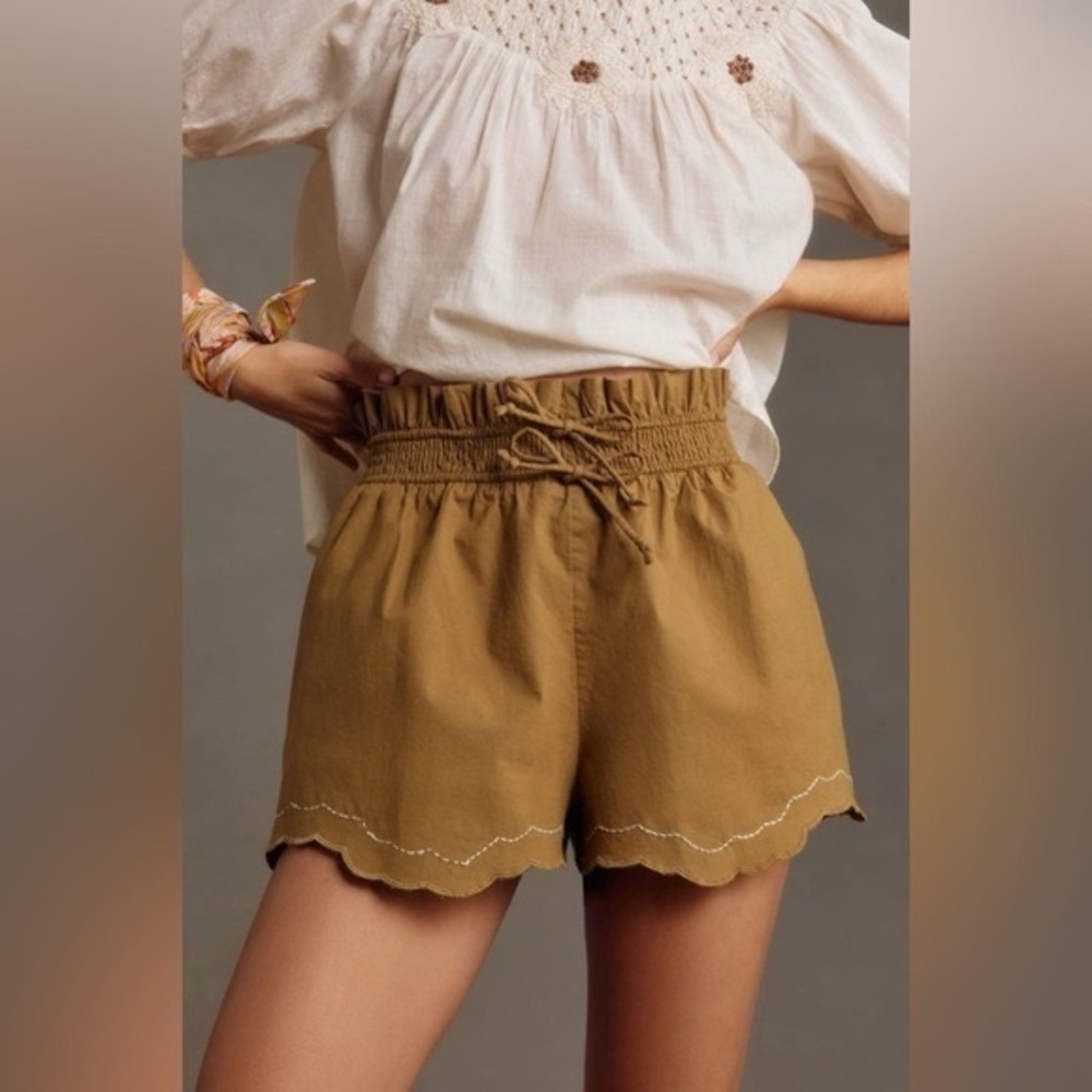 Anthropologie High-Waist Scalloped Hem Shorts in Mustard